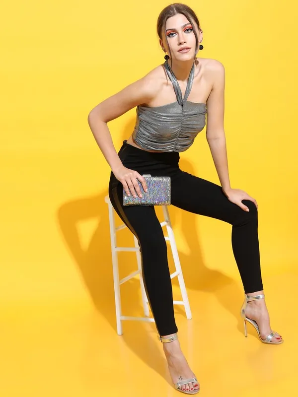 Tokyo Talkies Women Silver Solid Fitted Top