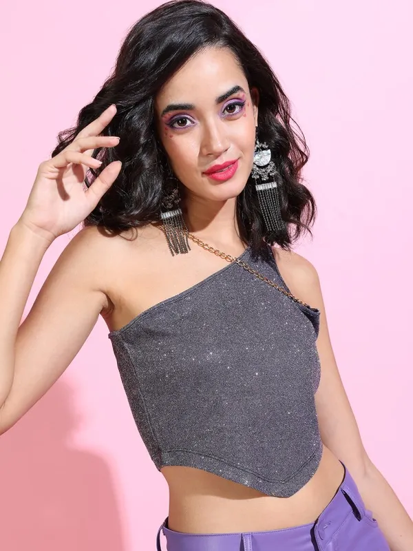 Tokyo Talkies Women Silver Self Design Fitted Top