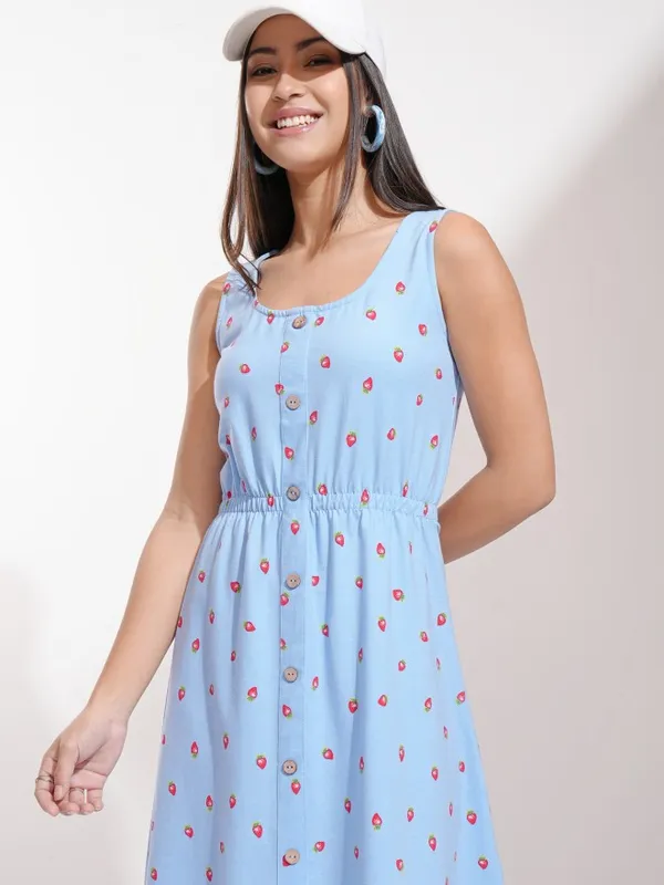 Tokyo Talkies Women Blue Printed Fit And Flare Dress