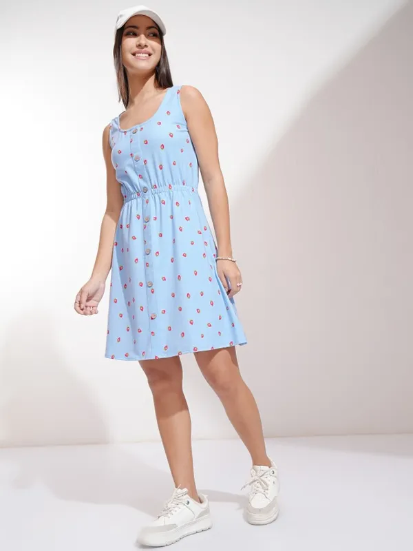 Tokyo Talkies Women Blue Printed Fit And Flare Dress