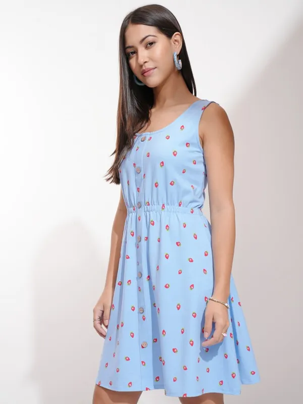 Tokyo Talkies Women Blue Printed Fit And Flare Dress