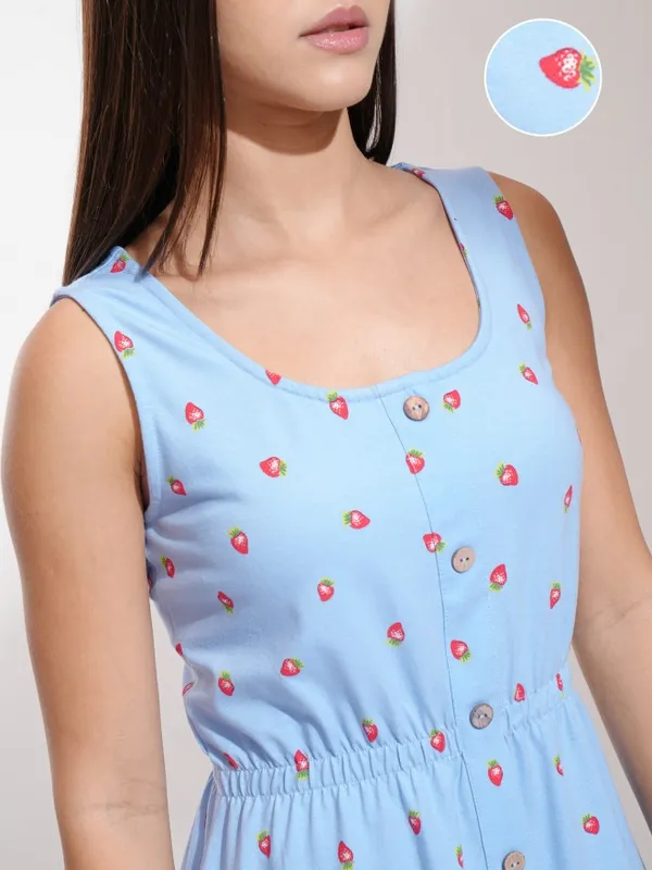 Tokyo Talkies Women Blue Printed Fit And Flare Dress