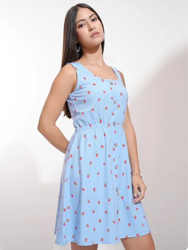 Tokyo Talkies Women Blue Printed Fit And Flare Dress