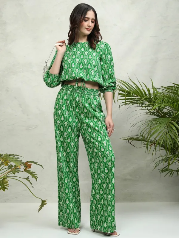 Tokyo Talkies Women Green Top With Trousers Co-Ords