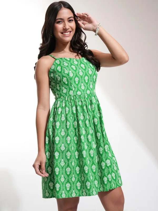 Tokyo Talkies Women Green Printed Fit And Flare Dress
