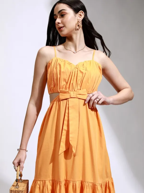 Tokyo Talkies Women Orange Solid Fit And Flare Dress