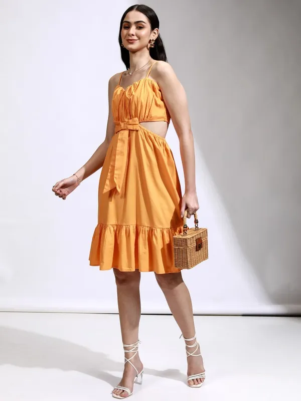 Tokyo Talkies Women Orange Solid Fit And Flare Dress