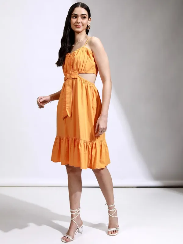 Tokyo Talkies Women Orange Solid Fit And Flare Dress
