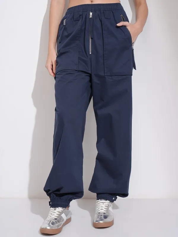 Tokyo Talkies Women Navy Blue Solid Loose Fit Cargos