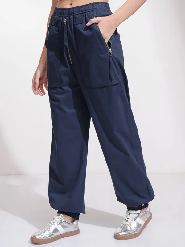 Tokyo Talkies Women Navy Blue Solid Loose Fit Cargos