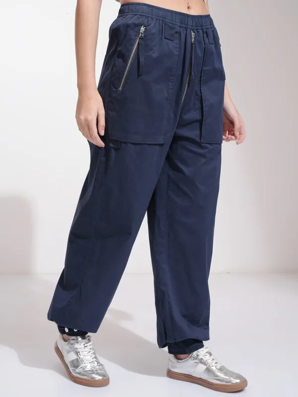 Tokyo Talkies Women Navy Blue Solid Loose Fit Cargos