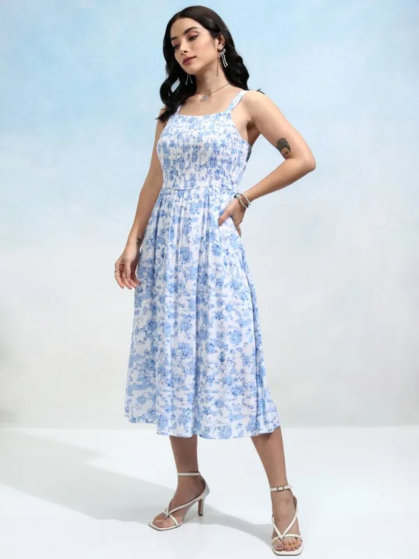 Tokyo Talkies Women Blue Printed Fit and Flare Dress