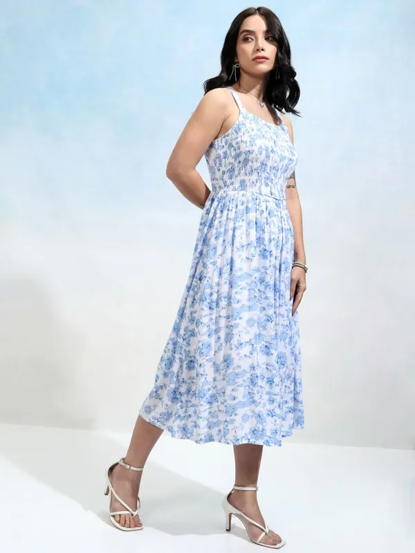 Tokyo Talkies Women Blue Printed Fit and Flare Dress