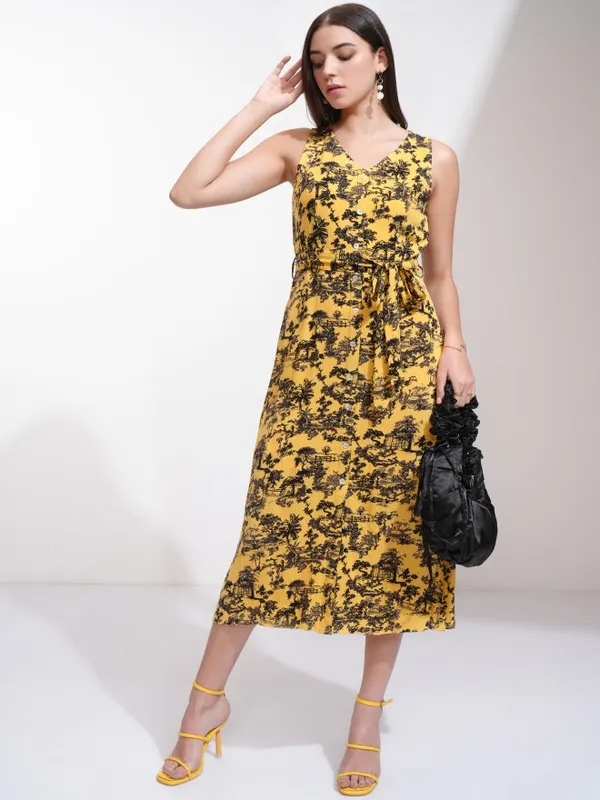 Tokyo Talkies Women Yellow Printed A-Line Dress