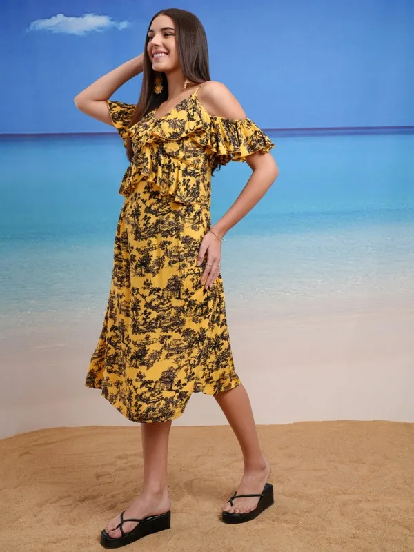 Tokyo Talkies Women Yellow Printed A-Line Dress