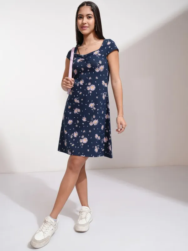 Tokyo Talkies Women Navy Blue Printed Fit And Flare Dress
