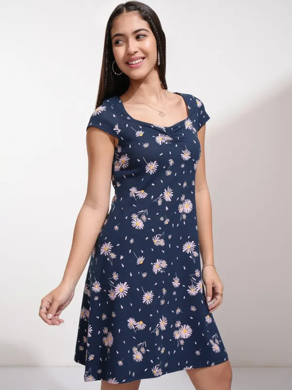 Tokyo Talkies Women Navy Blue Printed Fit And Flare Dress
