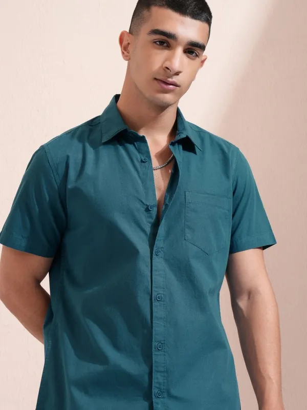 Ketch Men Teal Solid Slim Fit Casual Shirt