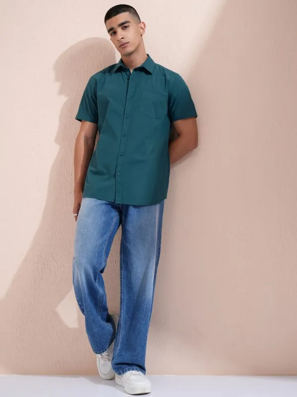 Ketch Men Teal Solid Slim Fit Casual Shirt