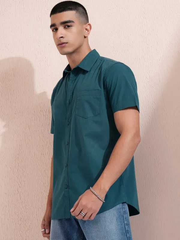 Ketch Men Teal Solid Slim Fit Casual Shirt