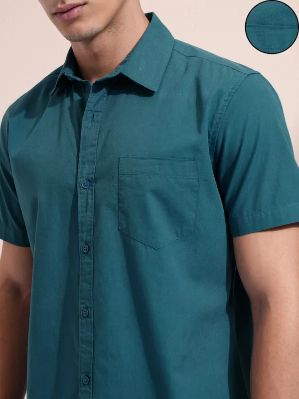 Ketch Men Teal Solid Slim Fit Casual Shirt