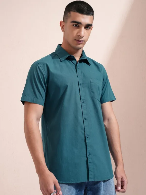 Ketch Men Teal Solid Slim Fit Casual Shirt