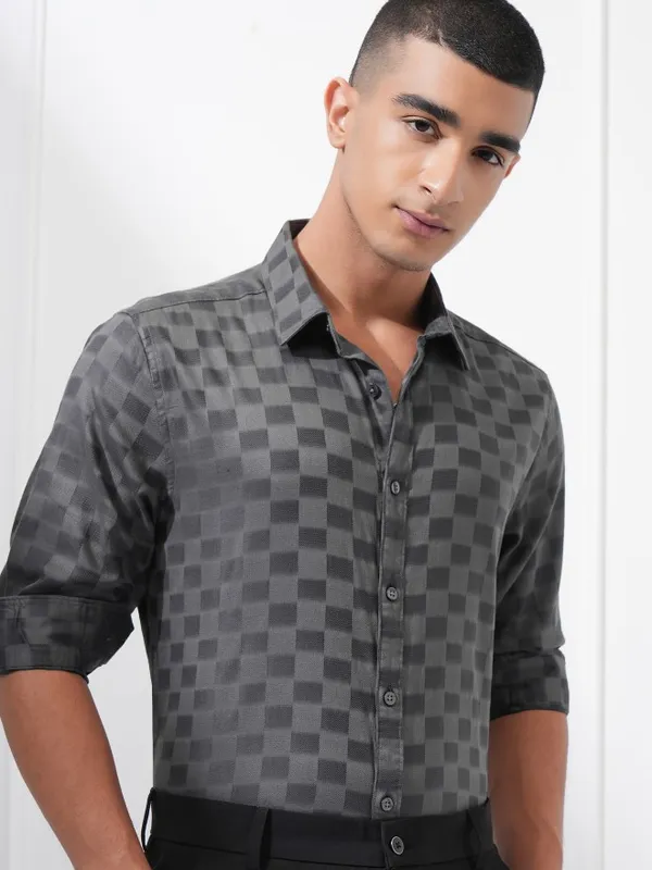 Highlander Men Charcoal Checked Slim Fit Casual Shirt