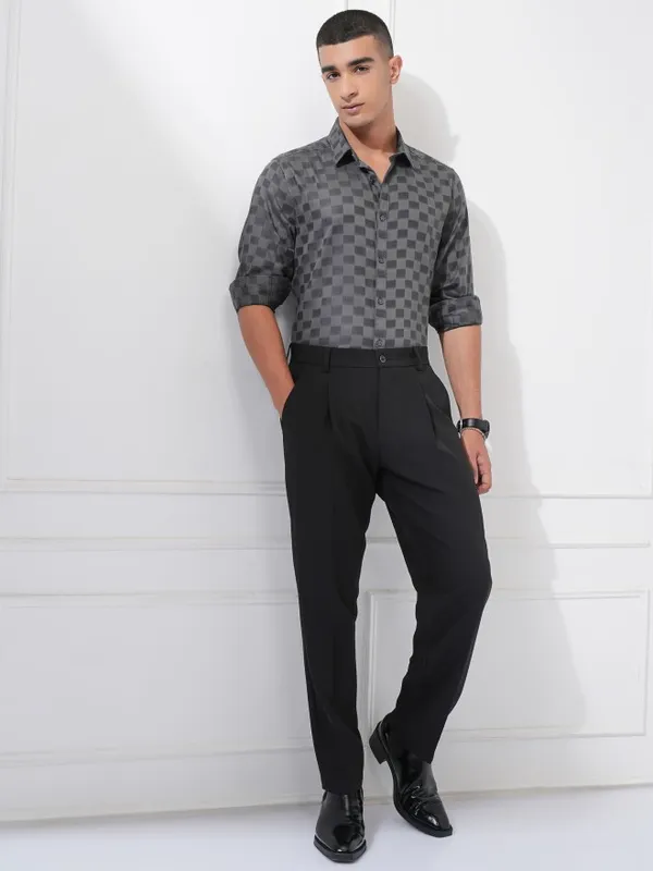 Highlander Men Charcoal Checked Slim Fit Casual Shirt