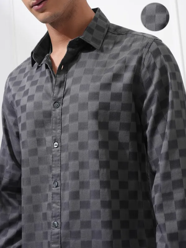 Highlander Men Charcoal Checked Slim Fit Casual Shirt