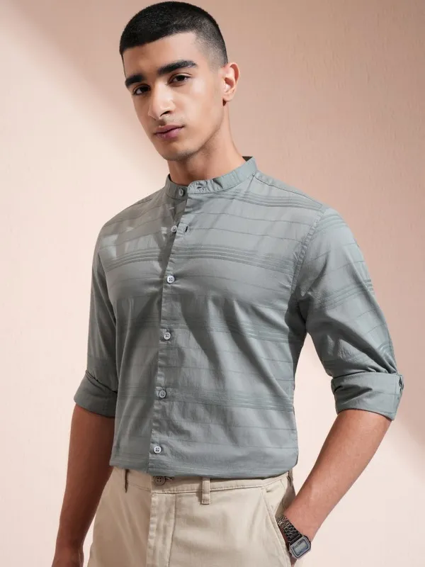 Highlander Men Olive Striped Regular Fit Casual Shirt