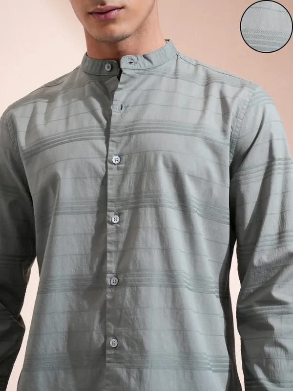 Highlander Men Olive Striped Regular Fit Casual Shirt