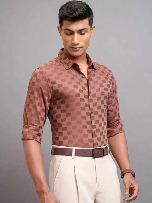Highlander Men Brown Checked Regular Fit Casual Shirts