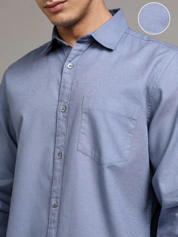 Highlander Men Blue Textured Regular Fit Casual Shirts