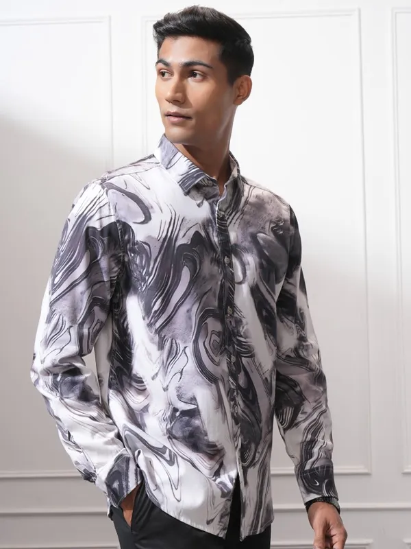 Locomotive Men Charcoal Printed Slim Fit Casual Shirt