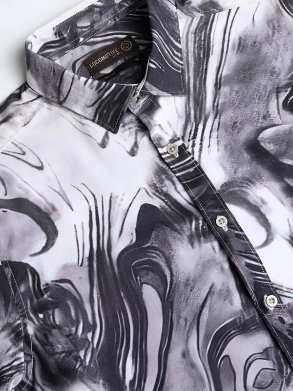 Locomotive Men Charcoal Printed Slim Fit Casual Shirt