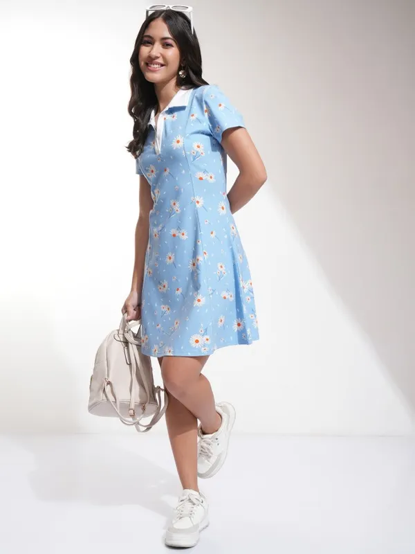 Tokyo Talkies Women Blue Printed Fit And Flare Dress
