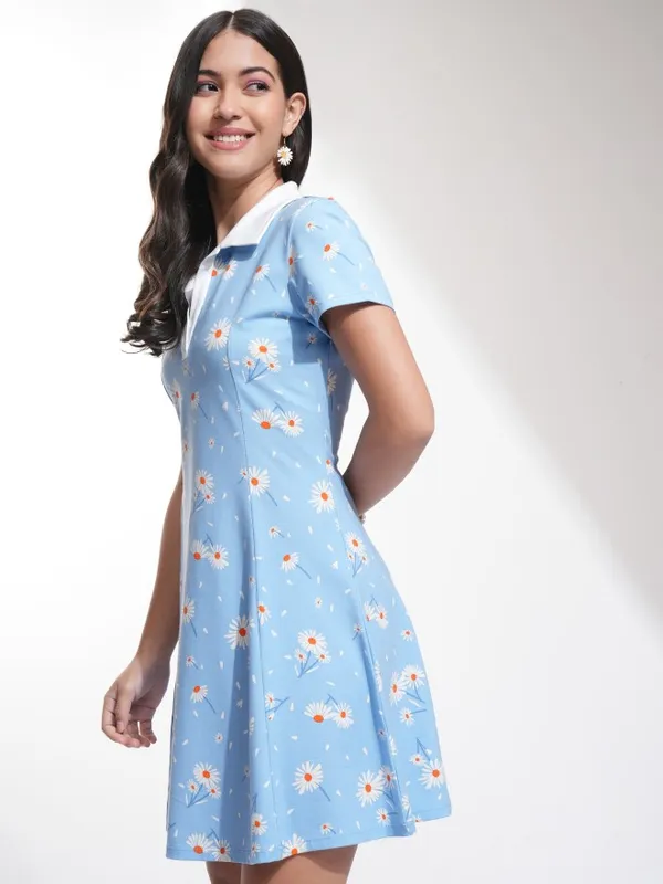 Tokyo Talkies Women Blue Printed Fit And Flare Dress