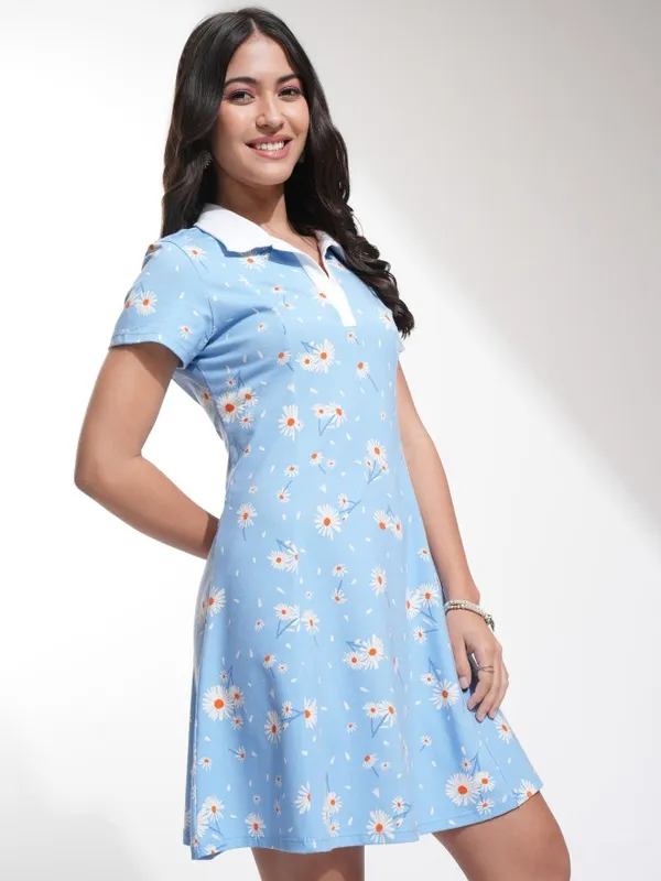 Tokyo Talkies Women Blue Printed Fit And Flare Dress