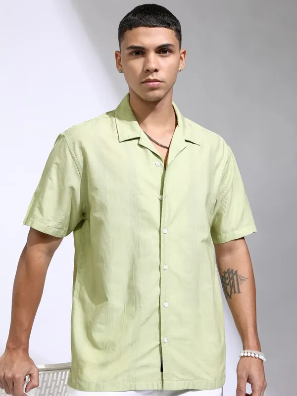 Highlander Men Green Striped Relaxed Fit Casual Shirt