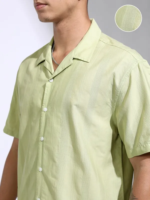 Highlander Men Green Striped Relaxed Fit Casual Shirt