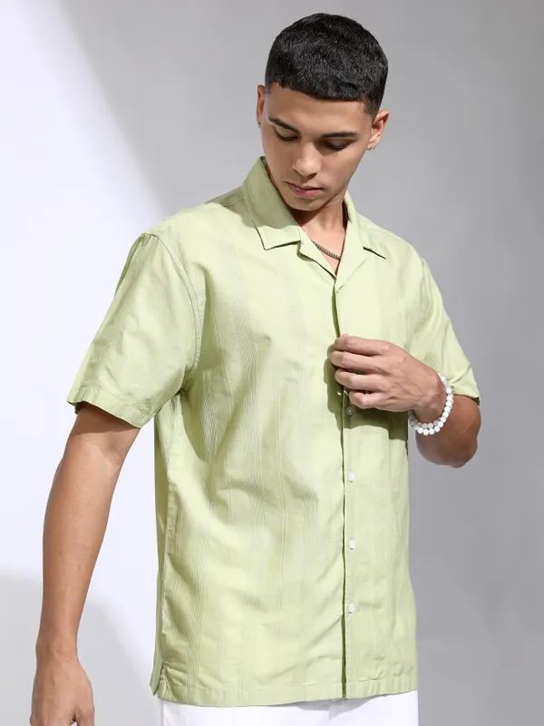 Highlander Men Green Striped Relaxed Fit Casual Shirt