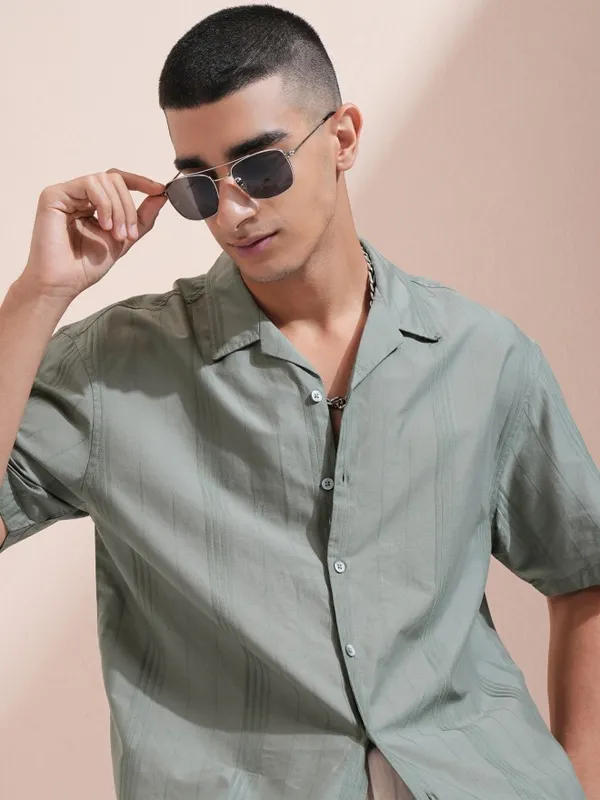 Highlander Men Olive Striped Oversized Fit Casual Shirt
