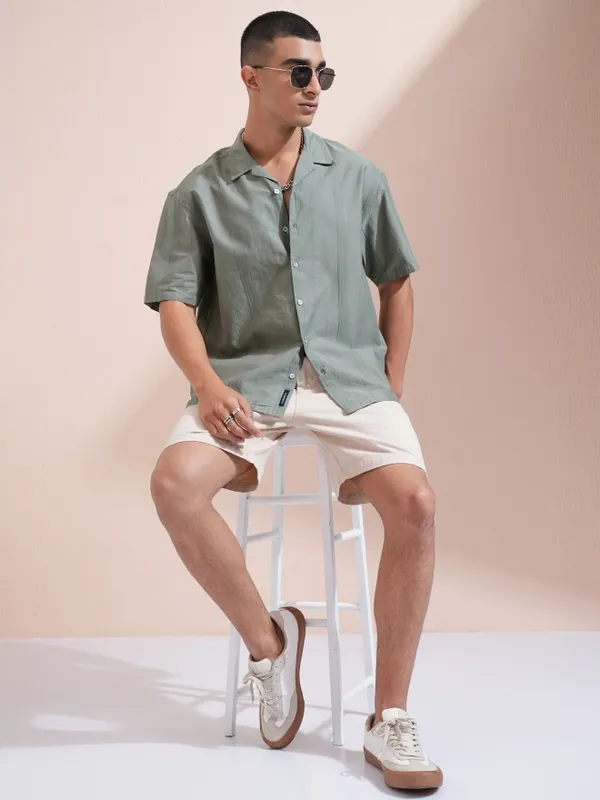 Highlander Men Olive Striped Oversized Fit Casual Shirt