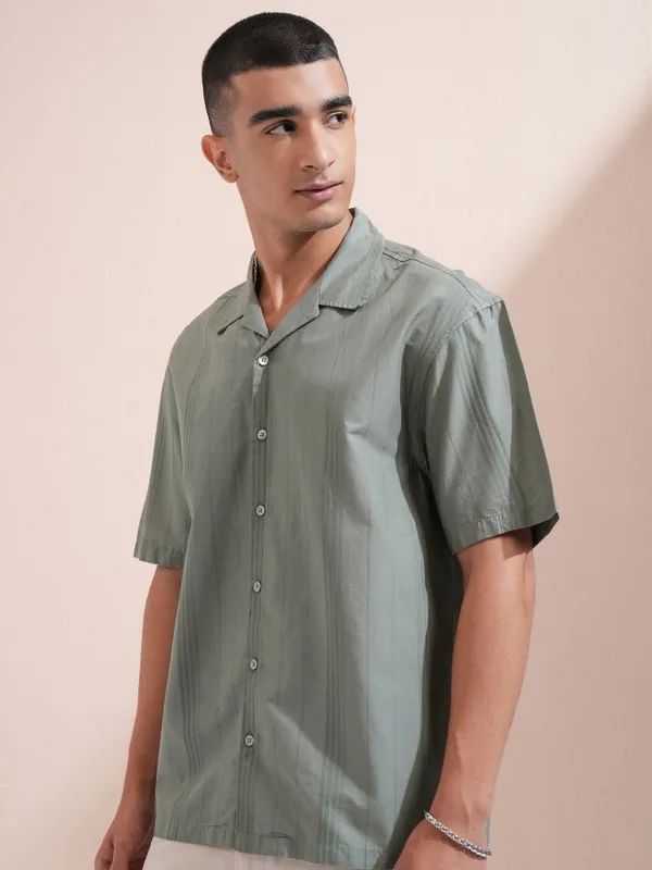 Highlander Men Olive Striped Oversized Fit Casual Shirt