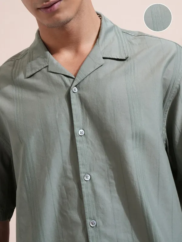 Highlander Men Olive Striped Oversized Fit Casual Shirt