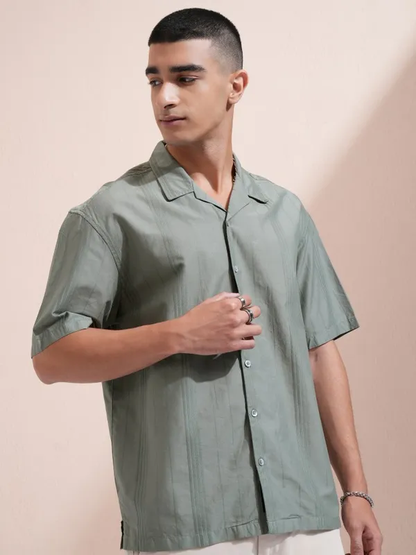 Highlander Men Olive Striped Oversized Fit Casual Shirt