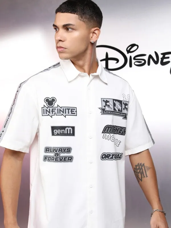 Disney By Highlander Men White Mickey Mouse Printed Oversized Fit Casual Shirt
