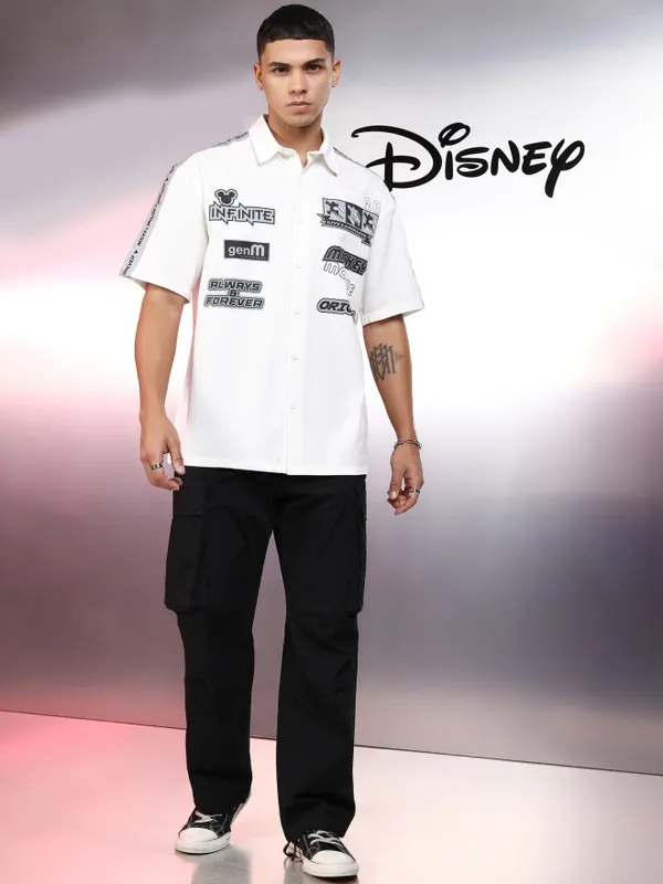 Disney By Highlander Men White Mickey Mouse Printed Oversized Fit Casual Shirt