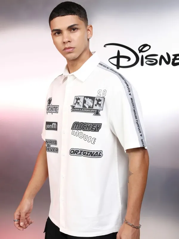 Disney By Highlander Men White Mickey Mouse Printed Oversized Fit Casual Shirt