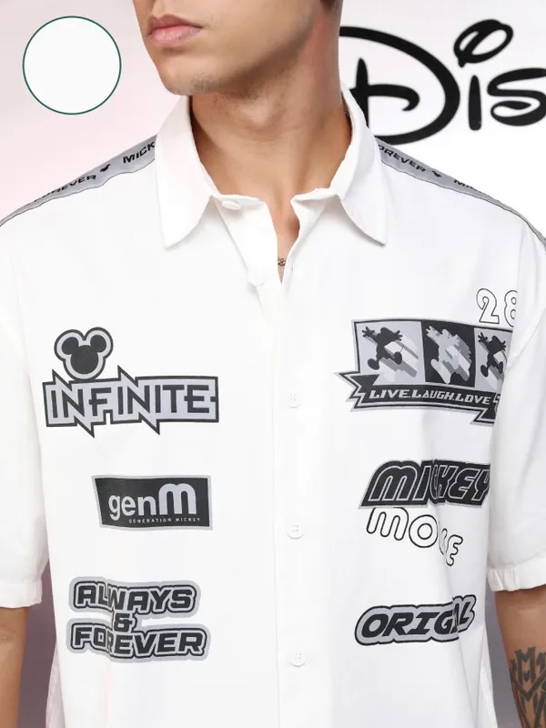 Disney By Highlander Men White Mickey Mouse Printed Oversized Fit Casual Shirt